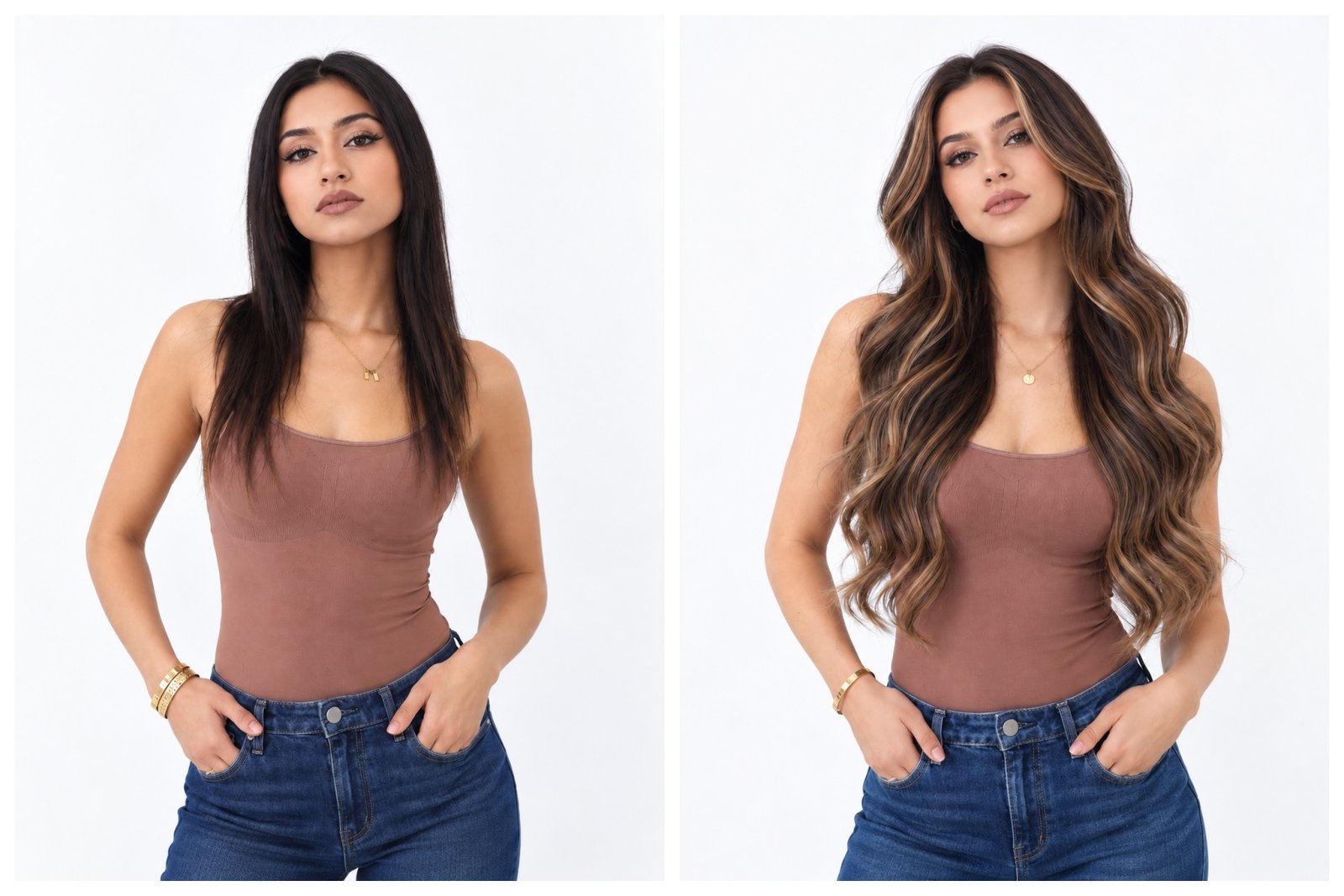 Before and after with long brown wavy Nuyoah hair extensions 4