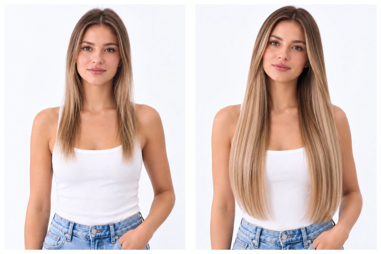 Before and after with long straight Nuyoah human hair extensions 1