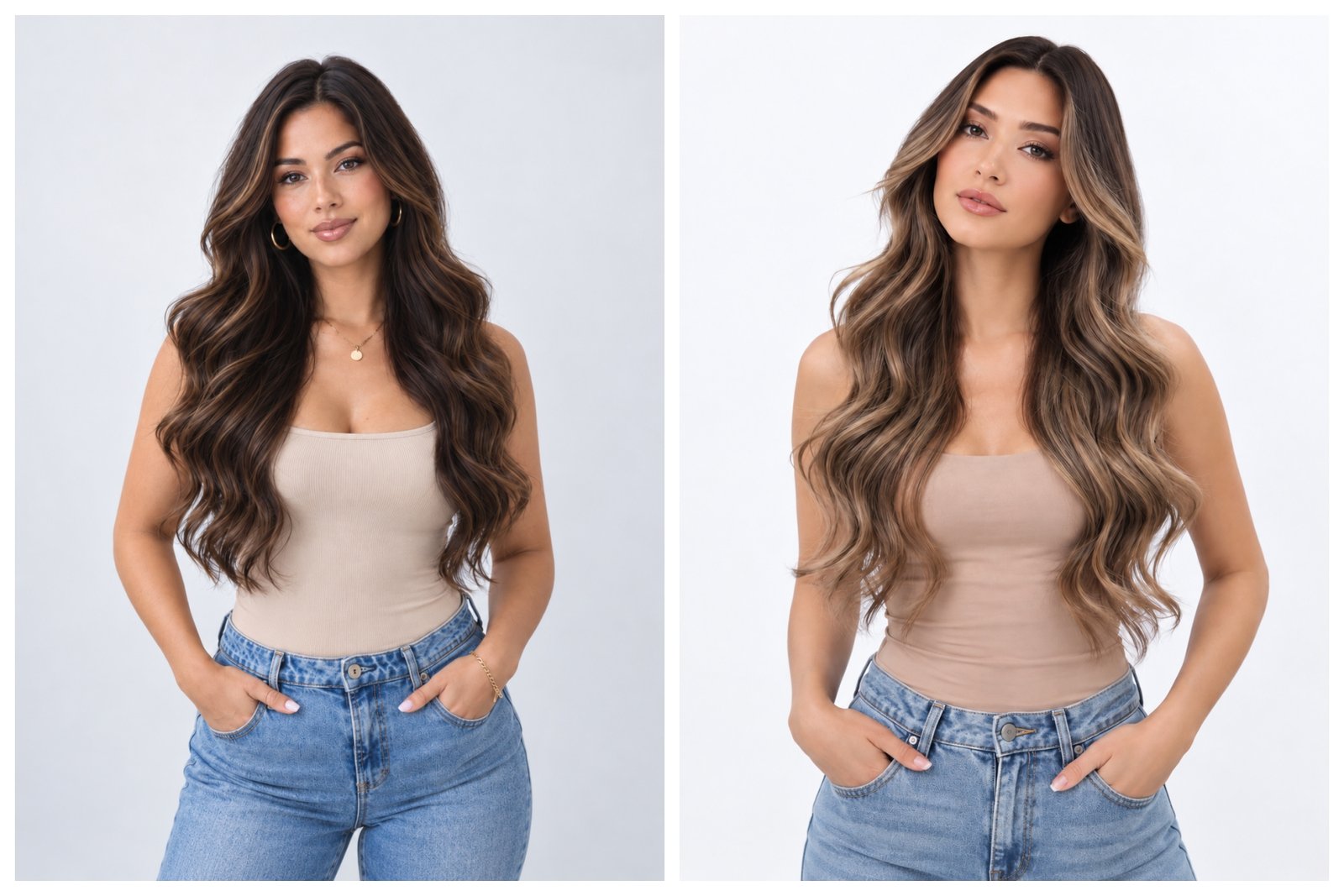 Before and after with long wavy Nuyoah human hair extensions 2