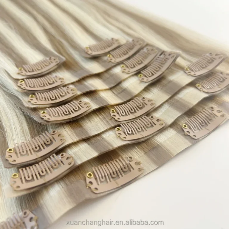 1.2 Blonde seamless clip in hair extension wefts and clips close up