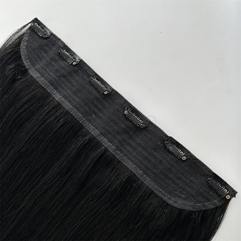 1.4 Black single piece clip in hair extension mesh base close up